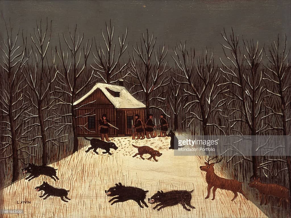 France, Nizza, International Museum of Naif Art Anatole Jakovsky. Whole artwork view. Snowy winter landscape, with bare trees surrounding a small wooden house. In front of it four men, armed with rifles, and three dogs are intent on hunting wild boar and deer.